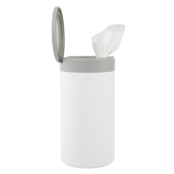 Spectrum Disinfecting Wipes Container Large White Refillable Stainless Steel Wipe Holder for Bathroom Kitchen, Classroom, Reuseable Push Button Wet Wipe Dispenser for Disinfect Cleaning Countertop
