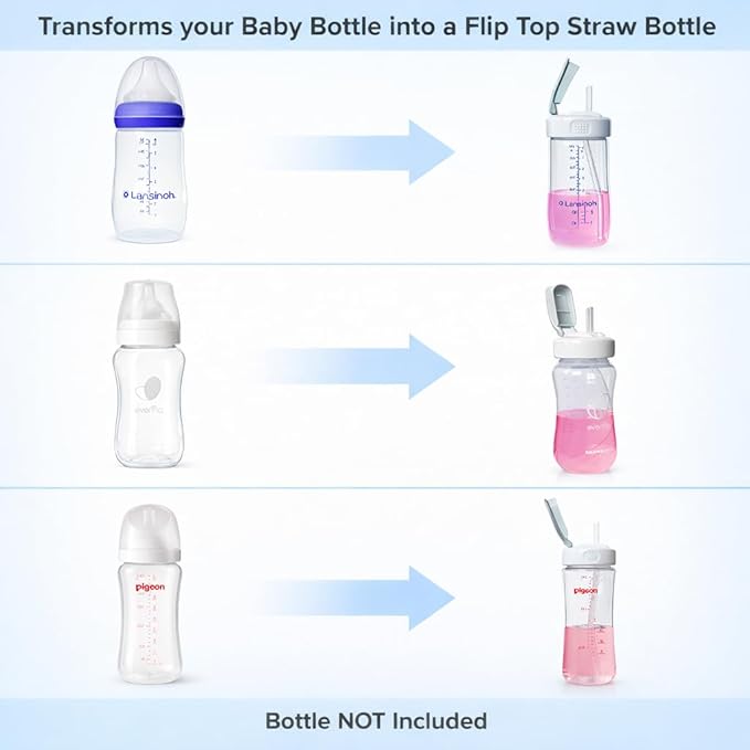 Flip Top Straw Lid for Lansinoh, Pigeon and Evenflow Wide Neck Baby Bottles, 2-Count, Cleaning Brush, Food Grade Silicone, BPA-Free, Spill and Leak Proof, Converts to Straw Bottle, 6+ Months