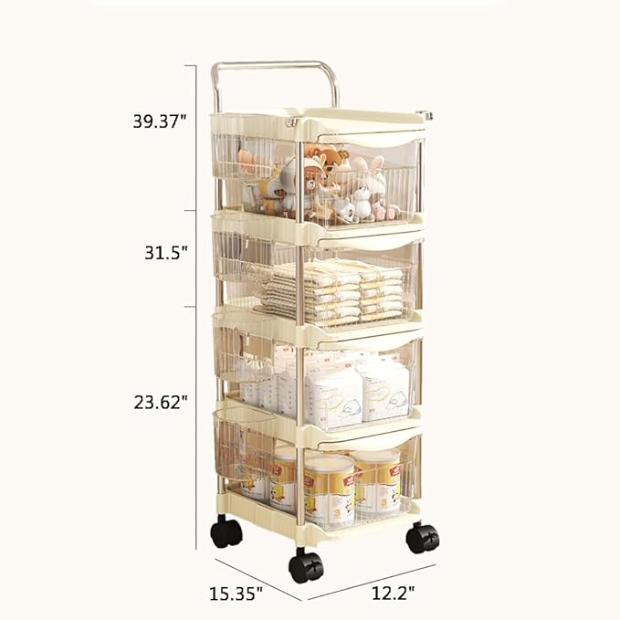 Baby Diaper Caddy Cart Organizer - Plastic Movable Cart Drawers with Hanging Basket, Rolling Utility Diaper Storage Caddy Organizer for Changing Table & Crib, Nursery, Bedroom (4 Tier)