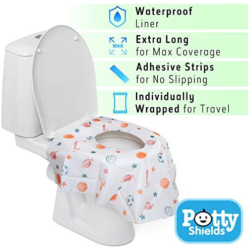 Potty Shields Toilet Seat Covers Disposable (6 Pack, Sports) - XL Waterproof Toilet Cover for Toddlers, Kids & Adults - Portable & Individually Wrapped for Travel, Potty Training & Public Restrooms