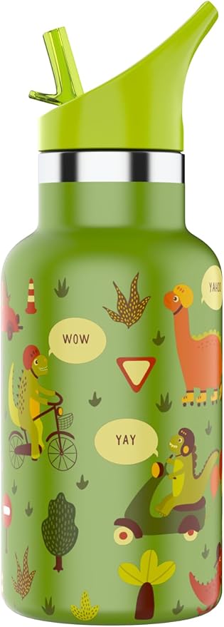 JEELA SPORTS Kids Water Bottle Stainless Steel with Straw -12 oz- Leak Proof & Double Wall Vacuum Kids Insulated Water Bottle, Toddler Water Bottles Kids, Green