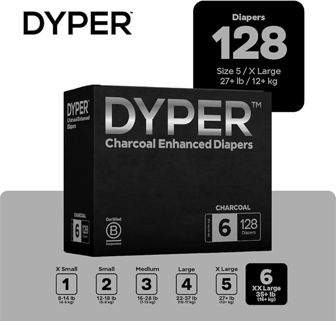DYPER - Charcoal Enhanced Day & Overnight Disposable Baby Diapers - Made with Plant-Based* & Skin-Friendly Ingredients, Hypoallergenic for Sensitive Skin - Size 6, (128 Count)