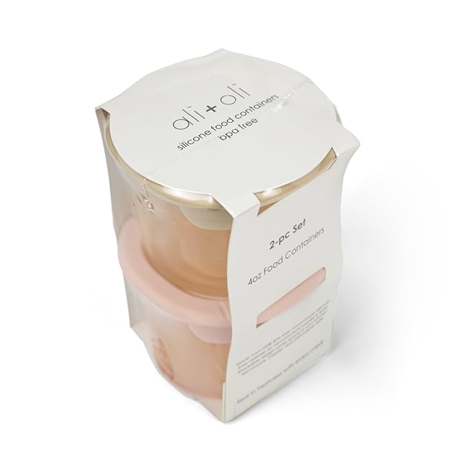 Ali+Oli Silicone Baby Food Containers (4oz) 2-pk Reusable Leakproof Snack Storage with Airtight Lids – Freezer & Microwave Safe for Infant and Kids Meals (Blush-Khaki)