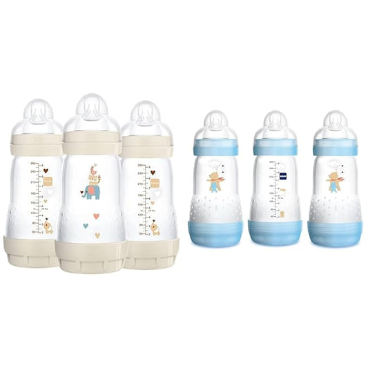 MAM Easy Start Anti-Colic Baby Bottles, 9 oz (3 Count) Bundle with Medium Flow Silicone Nipples