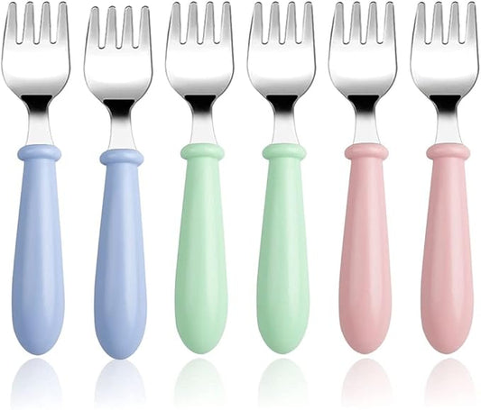 6-Pack Stainless Steel Toddler Forks with Round Handle, Baby & Kids Utensils for Self-Feeding Dishwasher Safe