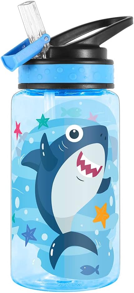 15oz Water Bottle for Kids Girls Boys School, BPA Free, Leak Proof Flip Straw, Carry Loop, Easy Clean - Shark