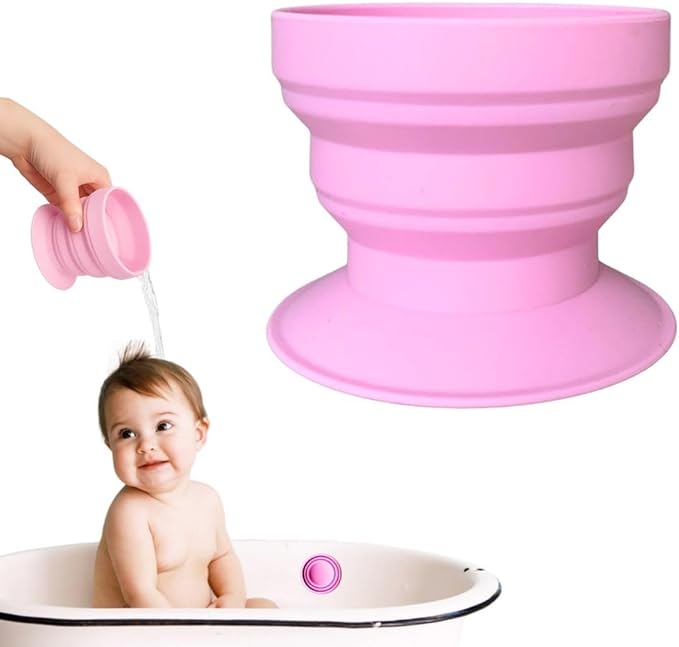 TubbyCup Toddler Bath Rinse Cup – Easy Hair Rinsing Without Tears, Suction Base Sticks to Tub, Soft Collapsible Silicone, BPA-Free (Pink)