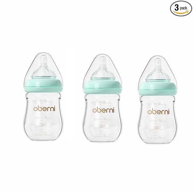 Glass Baby Bottles, Anti Colic Breastfeeding Bottle with Natural Response Nipple for Newborn Preemie 0+ Month, BPA Free, Wide Neck, Blue/3Pack/5oz