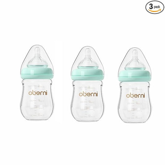 Glass Baby Bottles, Anti Colic Breastfeeding Bottle with Natural Response Nipple for Newborn Preemie 0+ Month, BPA Free, Wide Neck, Blue/3Pack/5oz