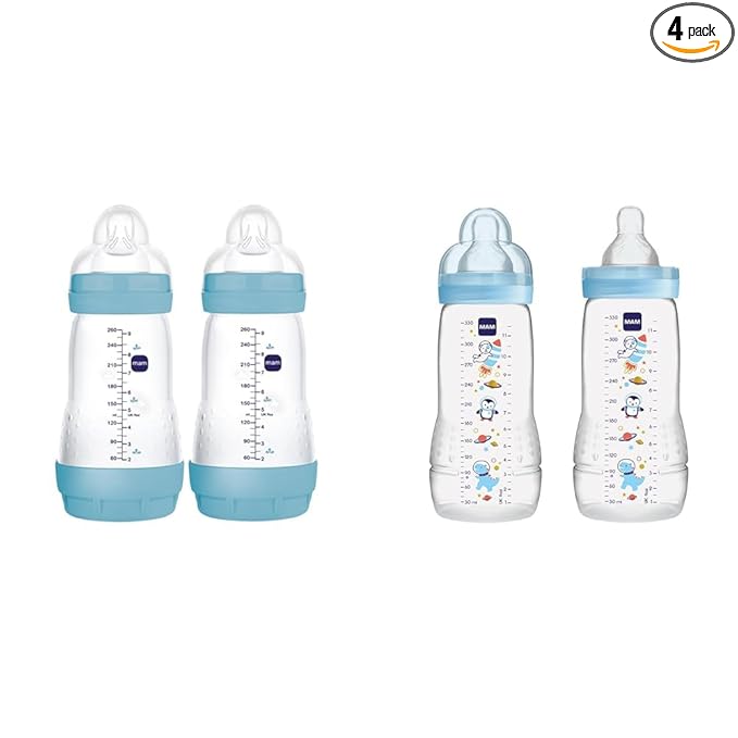 MAM Easy Start Matte Anti-Colic Baby Bottles, Medium Flow Nipples, 9 oz (2 Count) & MAM Easy Active Baby Bottles, Fast Flow, 11 oz (2 Count) Bundle for Baby Boy