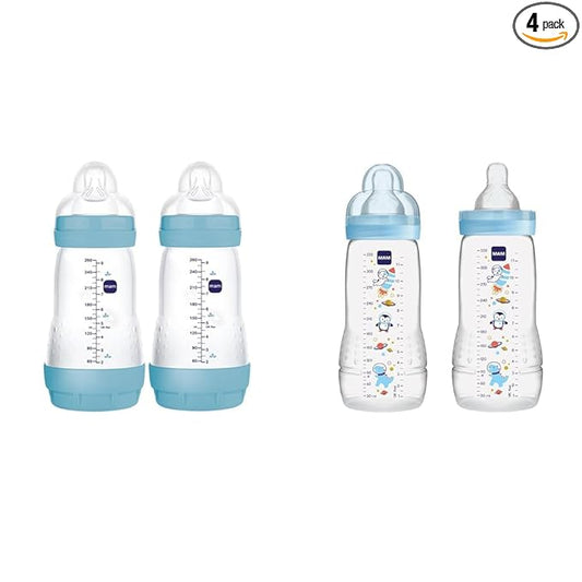 MAM Easy Start Matte Anti-Colic Baby Bottles, Medium Flow Nipples, 9 oz (2 Count) & MAM Easy Active Baby Bottles, Fast Flow, 11 oz (2 Count) Bundle for Baby Boy