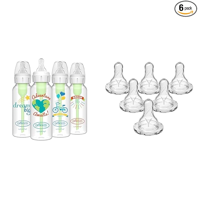 Dr. Brown's Anti-Colic Options+ Narrow Baby Bottle Bundle with 8 oz 4 Bottles, Level 1 Slow Flow Nipple & Y-Cut Nipple for Thicker Liquids, 6 Count