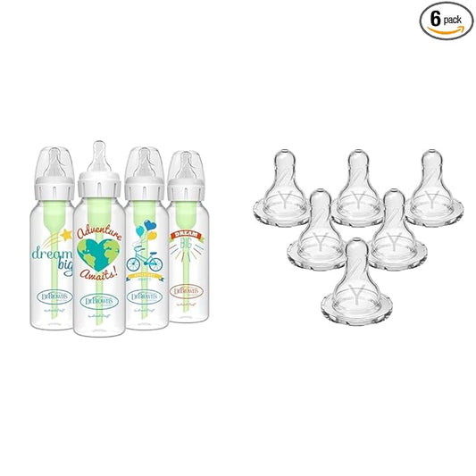 Dr. Brown's Anti-Colic Options+ Narrow Baby Bottle Bundle with 8 oz 4 Bottles, Level 1 Slow Flow Nipple & Y-Cut Nipple for Thicker Liquids, 6 Count