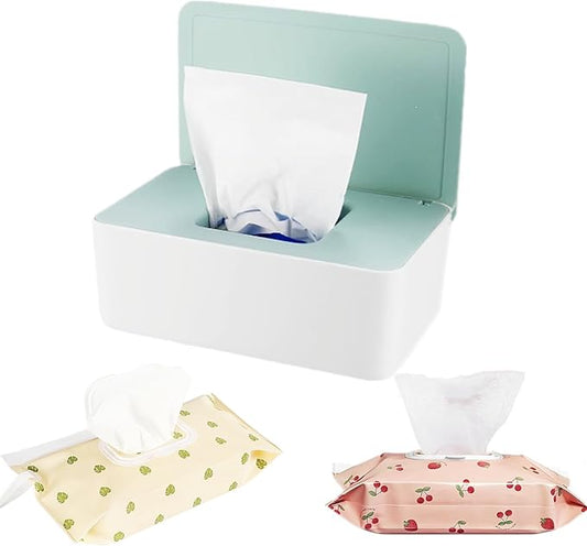 Wipes Dispenser with 2Pcs Portable Refillable Wipe Holder,Reusable Large Wipe Holder Box Flushable Wipes Case Bathroom Wipes Container for Pet Nursery Kitchen Office Counter(White-Green)