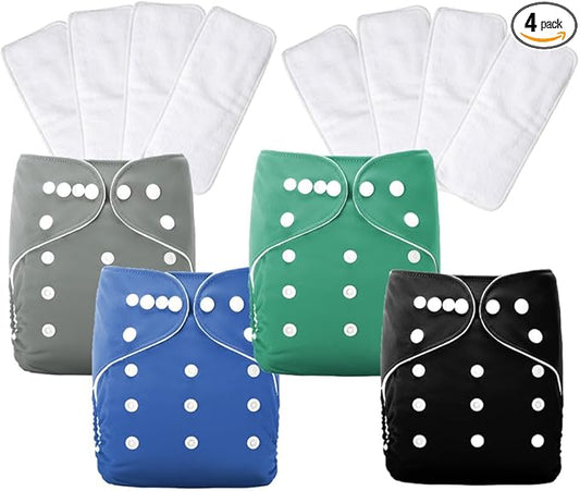 AIO Baby Cloth Diaper 4Pack with 8 Inserts Adjustable Waist Circumference Reusable for Baby Boys and Girls(0-3 Years),One Size Cloth Diaper Covers