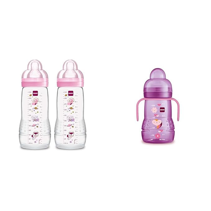 MAM Easy Active Baby Bottle 11oz, Easy Switch Between Breast and Bottle, Easy to Clean, 4+ Months & Plastic Trainer Cup (1 Count), 8 oz. Trainer Drinking Cup with Extra-Soft Spout