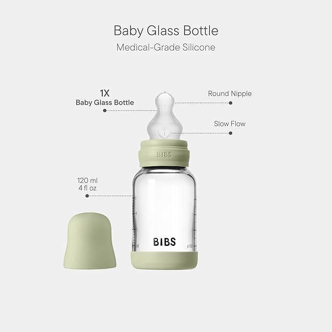 BIBS Baby Glass Bottle. 4 US fl oz / 120 ml. Anti-Colic. Vented Round Silicone Nipple. Supports Natural Breastfeeding, Slow Flow, Complete Set - Sage