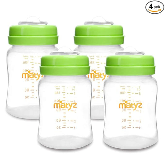 Matyz 4-PACK Breastmilk Storage Bottles With Lids (Green, 6oz Each) - Wide Mouth Breastmilk Collection Storage Bottle - Leakproof Breast Pump Bottle for Spectra Medela Philips Breast Pumps