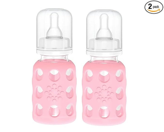 Lifefactory Glass Baby Bottle with Silicone Sleeve 4 Ounce - 2 Pack - Pink