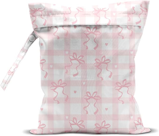 Wet Bag for Swimsuit, Beach Travel Essentials Wet Dry Bag, for Sunscreen Toiletry Dirty Clothes Yoga Gym Diaper, Friends Summer Beach Vacation Gifts. Pink and white checkered bow