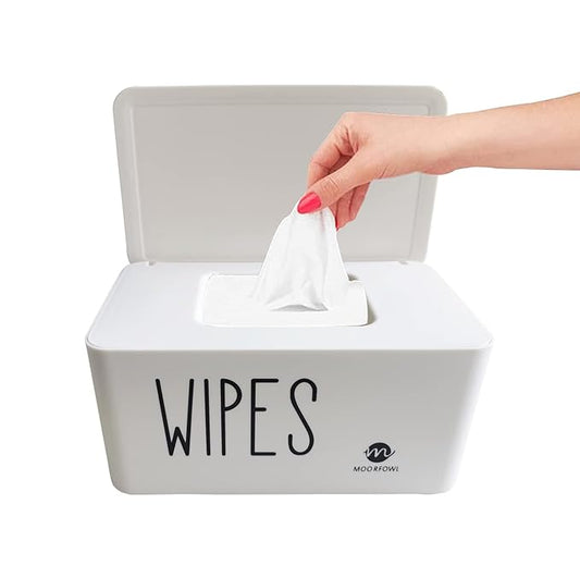 Moorfowl Baby Wipe Dispenser for Bathroom, Upgarde Design(8.2L x 4.9W x 3.9H inches), Minimalist Wipes Holder Container Flushable (White-New)