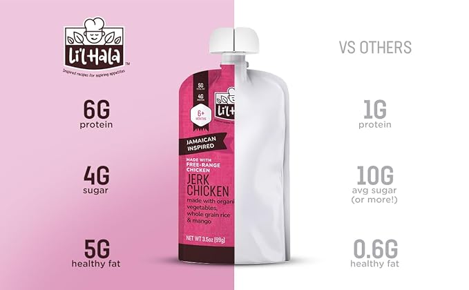 Li'l Hala Chicken Baby Food Meat Pouch | Caribbean Chicken (12ct) | 6+ Months Savory Baby Food Pouches with Protein and Organic Veggies, Toddler Snacks with Iron & Fiber | Stage 2 Meat Puree