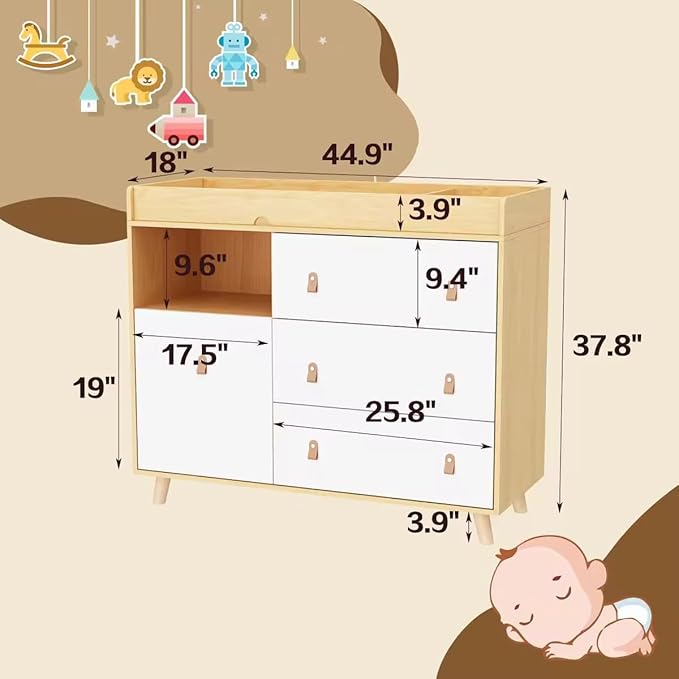 Timechee Baby Dresser Changing Table with Drawers,Shelf,Hidden Laundry Basket Storage,2 in 1 Nursery Dresser Chest for Infants, Baby Diaper Changing Station for Daycare,Bedroom,Natural