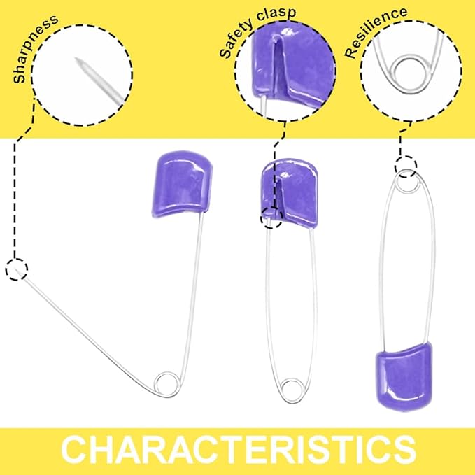 50Pcs 2.2" Plastic Head Safety Pin Nappy Cloth Diaper Safety Pins with Safe Locking Closures (Purple)