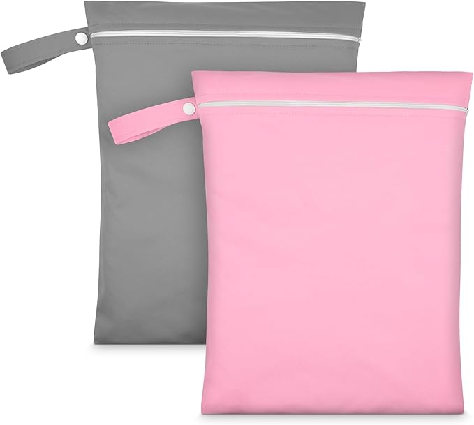 2PCS Wet Bags, Reusable Cloth Diaper Bags with Handle and Zipper, Lightweight Waterproof Travel Laundry Bag, Washable Wet Dry Bag for Baby Items Travel Beach Swimming Gym Camping(Grey&Pink)