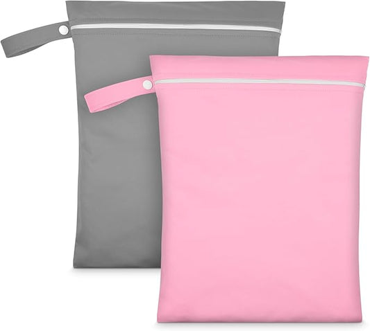 2PCS Wet Bags, Reusable Cloth Diaper Bags with Handle and Zipper, Lightweight Waterproof Travel Laundry Bag, Washable Wet Dry Bag for Baby Items Travel Beach Swimming Gym Camping(Grey&Pink)