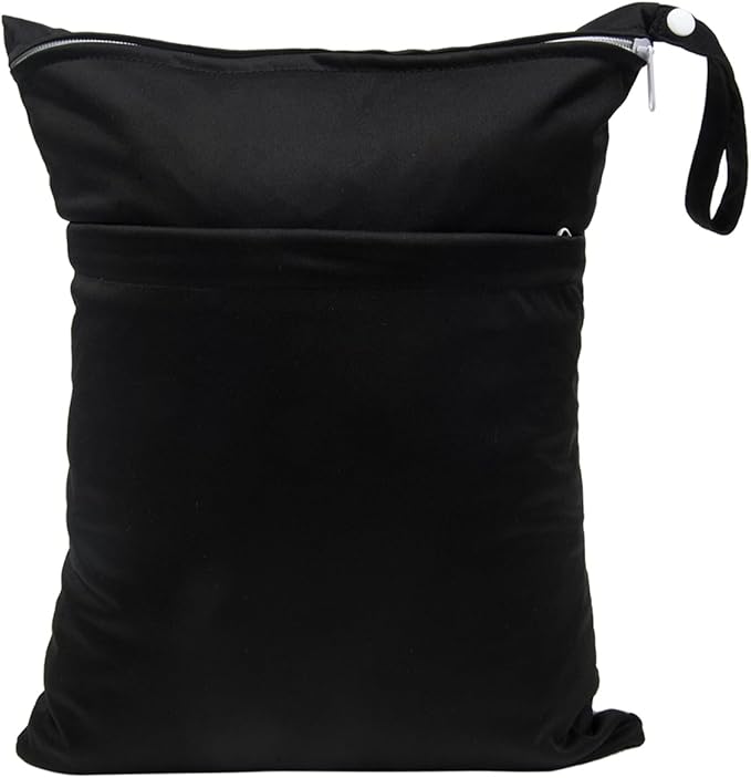Wet Dry Bag for Baby Cloth Diapers, Waterproof Reusable with Two Zippered Pockets Travel Beach Pool Soiled Baby Items Yoga Gym Bag for Swimsuits or Wet Clothes (black)