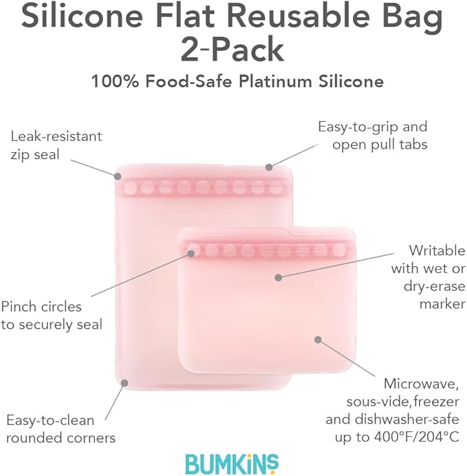 Bumkins - Silicone Snack & Sandwich Bags - For Storage, Food Prep, Lunch Bag - Reusable, Leak Resistant, Washable, Microwave, Freezer & Dishwasher Safe - 2 pack - Pink