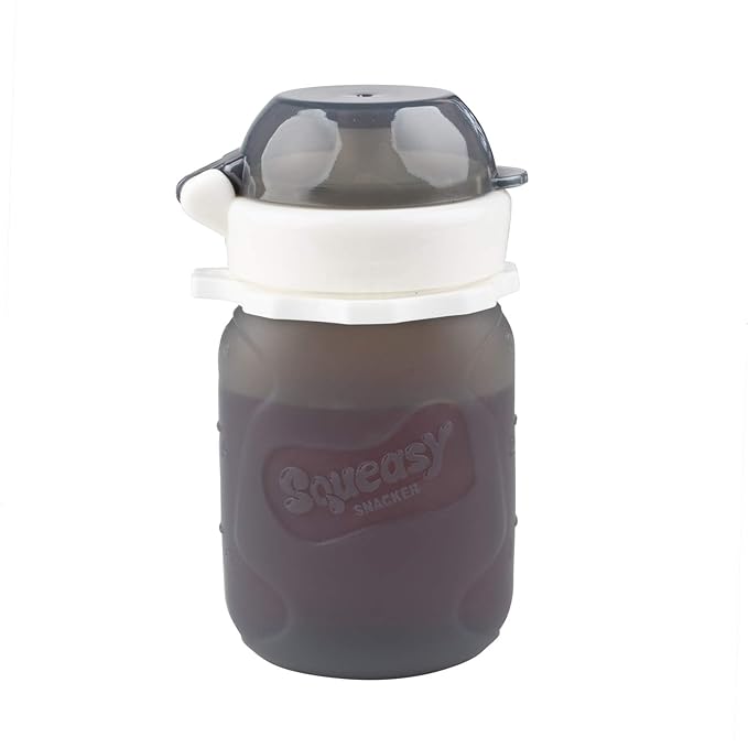 Grey 3.5 oz Squeasy Snacker Spill Proof Silicone Reusable Food Pouch - for Both Soft Foods and Liquids - Water, Apple Sauce, Yogurt, Smoothies, Baby Food - Dishwasher Safe