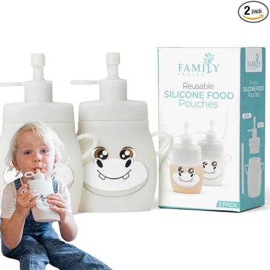 BPA Free, Silicone, Reusable Pouches for Toddlers 2 Pack Hippos, Easy to Clean Fill, Reusable Baby Food Pouches, Homemade Organic Smoothie, Puree, Applesauce, Yogurt, Refillable Food Pouches