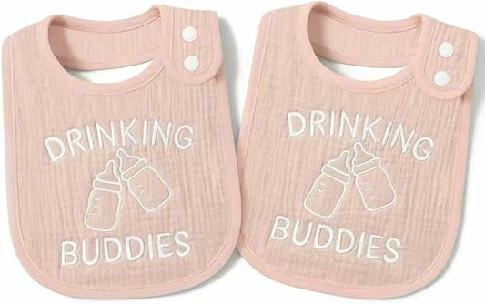 Twin Bibs – Ultra-Soft Cotton Yarn Twin Baby Bibs - 'Drinking Buddies' Design, High Absorbency, Perfect Infant Gift