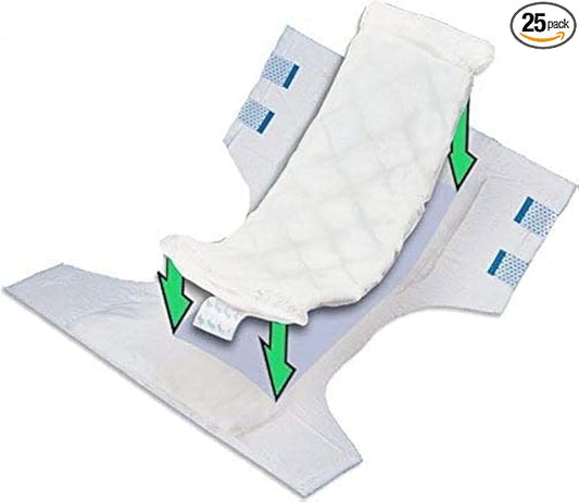 Medium Adult Diaper Booster Pad Liner - Inserts with Adhesive (12 x4 Inch) - Doubler Locks in Moisture Throughout Day or Night (25 Count) by BrightCare