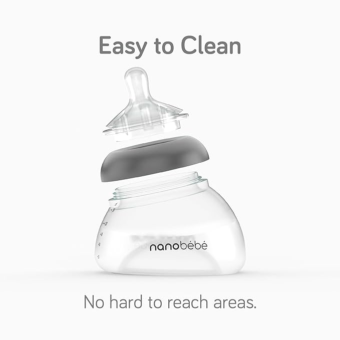 Nanobebe Breastmilk Baby Bottle 3 Pack 5oz Grey Preserves Breastmilk Nutrients Anti Colic Triple Vented Nipple Fast Heating Breast Shaped Bottle for Easy Transition BPA Free
