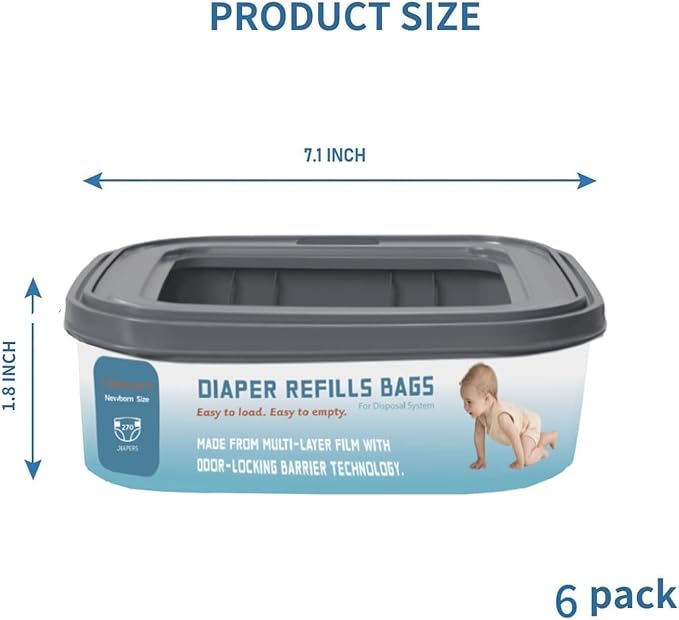 Standard Square Refills Disposal Bags Refill Compatible with Genie Diaper Compact, Select Pails (Not Fit Classic Version Pails), Hold Up to 270 Newborn-Sized Diapers Per Refill, 6 Pack