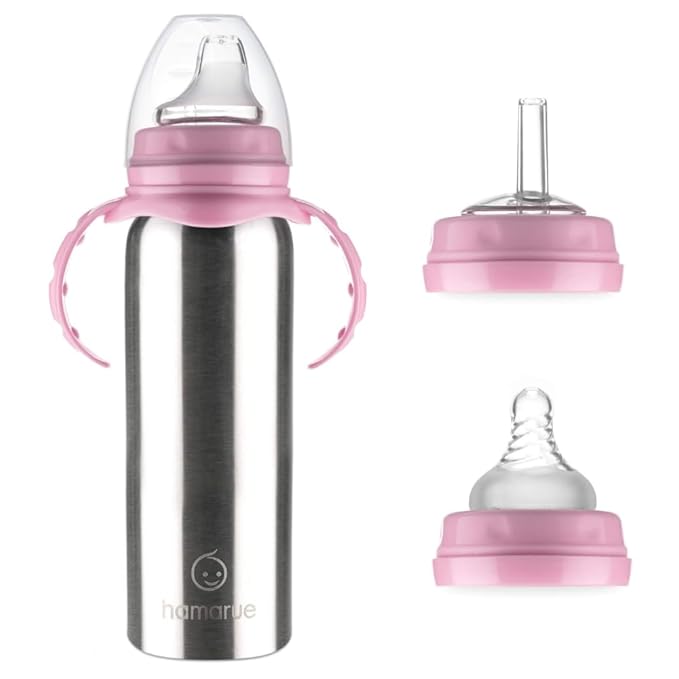 3-in-1 Stainless Steel Baby Bottle – Converts from Newborn Bottle to Sippy Cup to Straw Cup, Ages 0–4, Leak-Proof, 8 oz Pink