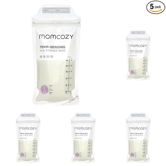 Momcozy Breastmilk Storing Bags, Temp-Sensing Discoloration Milk Storing Bags for Breastfeeding, Disposable Milk Storage Bag with 6 Ounce Self Standing, No-Leak Milk Freezer Storage Pouches, 50pcs