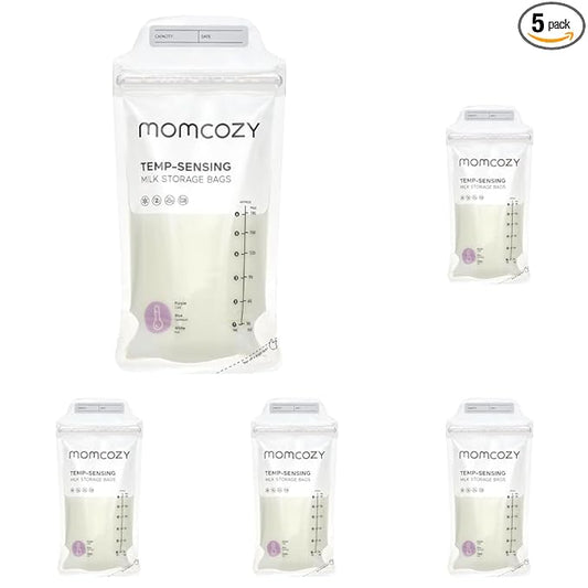 Momcozy Breastmilk Storing Bags, Temp-Sensing Discoloration Milk Storing Bags for Breastfeeding, Disposable Milk Storage Bag with 6 Ounce Self Standing, No-Leak Milk Freezer Storage Pouches, 50pcs