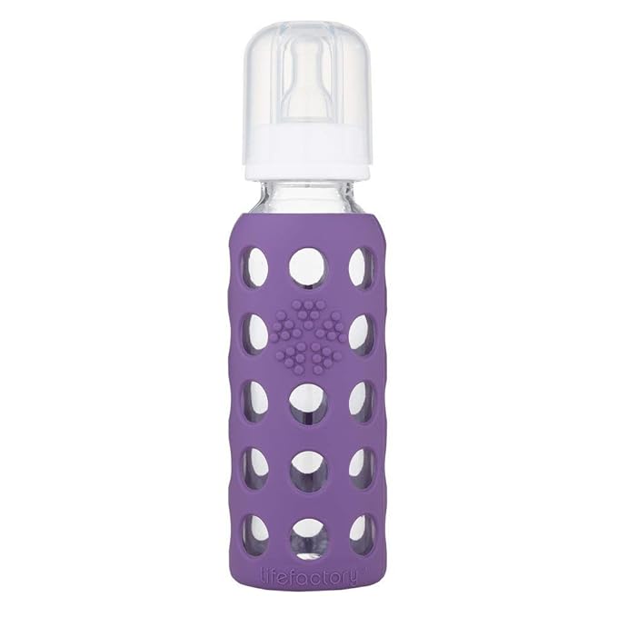 Lifefactory Glass Baby Bottle BPA Free 9 oz + Sippy Cap Set | Protective Silicone Sleeve | Grape