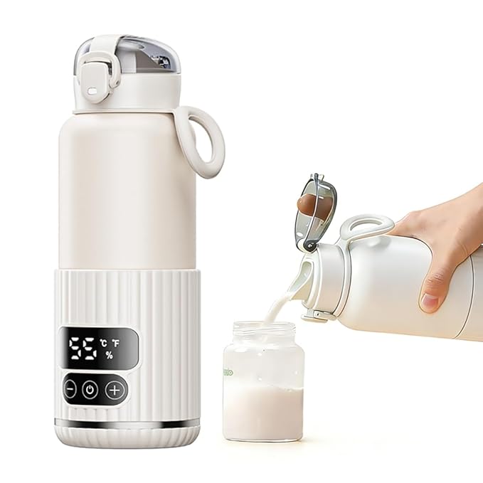 Portable Bottle Warmer with Fast Heating and Long Constant Temperature 15oz Capacity Heated Travel Mug for Breastmilk or Formula (White)