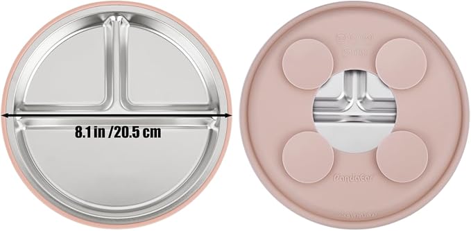PandaEar Stainless Steel Baby Feeding Set | 2 Divided Suction Plates, 2 Spill-Proof Straw Cups with Silicone Sleeves, 2 Forks & 2 Spoons | Toddler Utensils for Baby Led Weaning, BPA-Free (Pink)