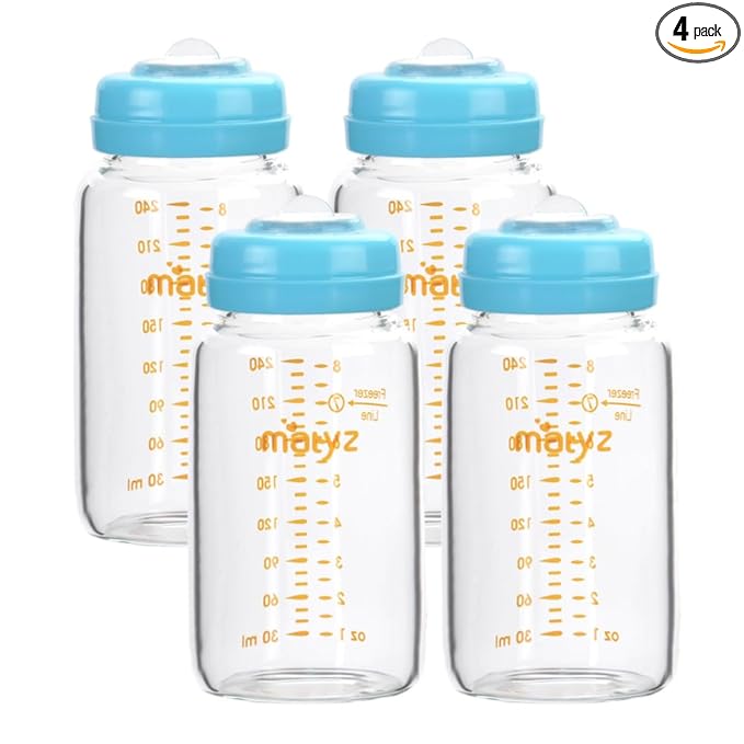 Matyz Glass Breastmilk Storage Bottles, 4 Pack, 8 oz, Sturdy Glass Bottle for Milk Freezing and Baby Feeding - Large Pumping Bottle for Philips Medela Spectra Breast Pumps - No BPA (Blue Lids)