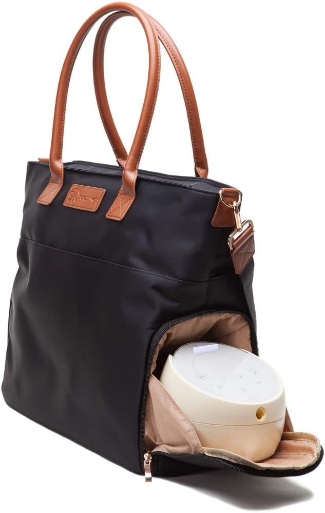 Sarah Wells Abby Breast Pump Tote with Real Leather Straps – Stylish Pumping Bag with Insulated Pockets, Laptop Storage & Easy-Clean Interior – Professional Breast Pump Bag for Work & Travel (Black)