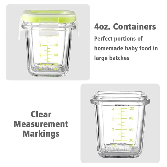 Matyz 4-Pack Baby Glass Jars for Food Storage with Lids Airtight and Stackable Tray (Mint Green, 4 OZ Each) - Small Solid Food Storage Containers for Baby On The Go - Freezer Microwave Oven Safe