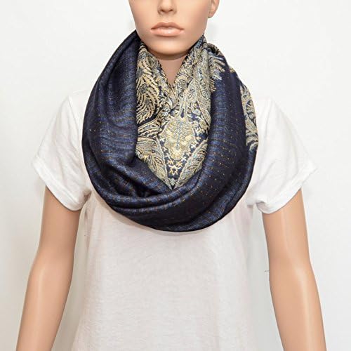 Nursing Cover - Nursing Scarf - Nursing Infinity Scarf - Breastfeeding Cover (Navy Blue with Floral Golden Beige Pattern)
