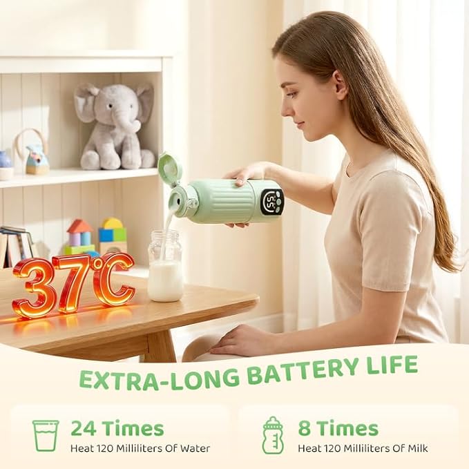Portable Bottle Warmer for Travel, 12000mAh Rechargeable Baby Bottle Warmer, Instant Breastmilk Large 17oz Capacity, Precise Temperature Control(77–131°F) for Travel, Outdoor - Fast 2.5 Min Heating
