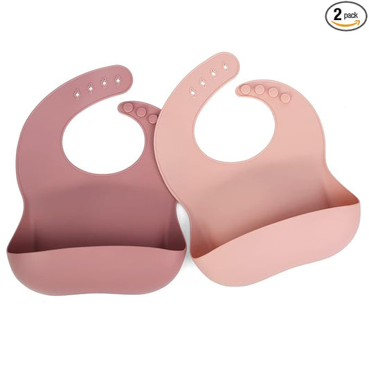 Ginbear Silicone Bibs for Babies Girl, Waterproof Adjustable Silicon Rubber Baby Feeding Bibs with Food Catcher Pocket for Toddlers 6 Months+ (Mauve/Baby Pink)